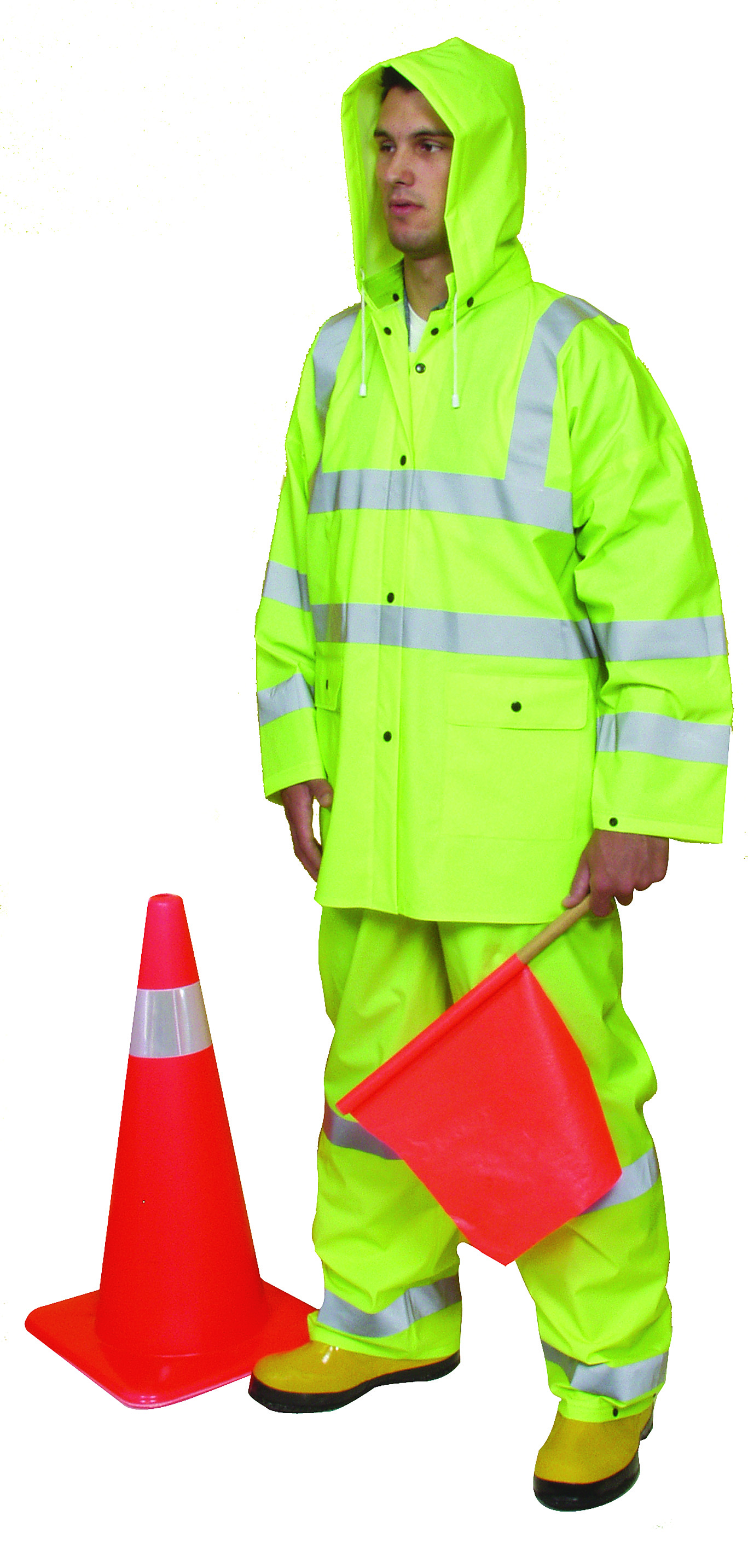 3 Piece PVC/High Visibility Polyester ANSI Class 3 Rain Suit, Large, Lime