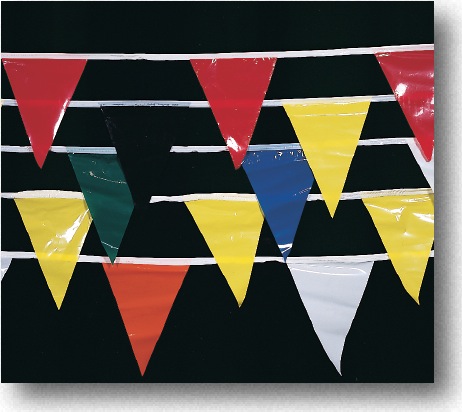 Multi-Color Pennant String/banner. 60' W/ 24, 12 X 18 Pennants