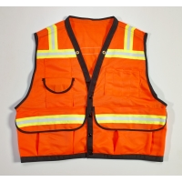 High Visibility Mesh Super Deluxe Surveyor Vest with 2 Vertical and 2 Horizontal 1-1/2' Lime/Silver/Lime Reflective Stripes, X-Large, Orange