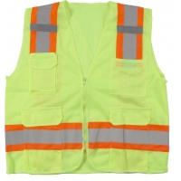 High Visibility Polyester ANSI Class 2 Surveyor Safety Vest with Pouch Pockets and 4' Orange/Silver/Orange Reflective Tape, Large, Lime