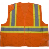 High Visibility Polyester ANSI Class 2 Mesh Tearaway Safety Vest with Pockets and 4' Lime/Silver/Lime Reflective Tape, X-Large, Orange