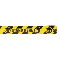 Social Distancing Warning Vinyl Floor Tape - 6FT STAND HERE 6FT - 3' x 36 yds - Black/Yellow