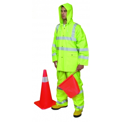 14511-3, 3 Piece PVC/High Visibility Polyester ANSI Class 3 Rain Suit, Large, Lime, Mutual Industries