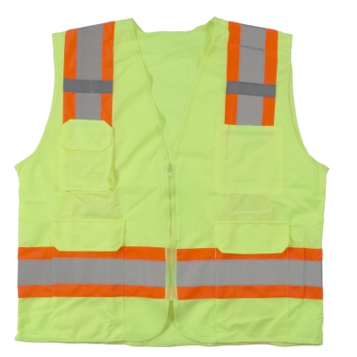 16369-0-7, High Visibility Polyester ANSI Class 2 Surveyor Safety Vest with Pouch Pockets and 4 Lime/Silver/Lime Reflective Tape, 4X-Large, Orange, Mutual Industries