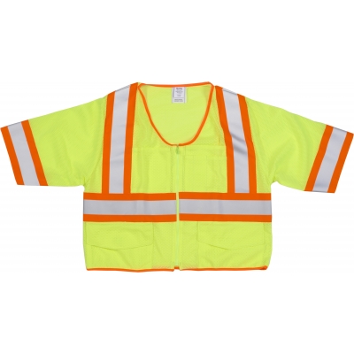 16391-3, High Visibility ANSI Class 3 Mesh Vest with 4 Orange/Silver/Orange Reflective Tape, Large, Lime, Mutual Industries