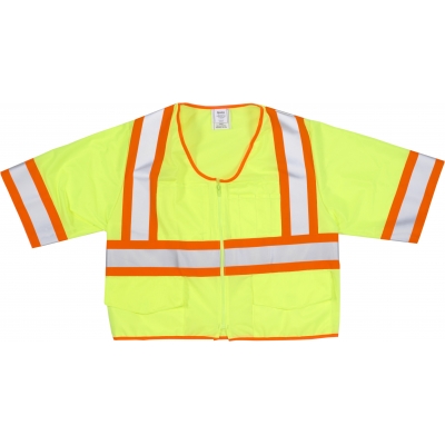 16392-2, High Visibility ANSI Class 3 Solid Vest with Pocket and 4 Orange/Silver/Orange Reflective Tape, Medium, Lime, Mutual Industries