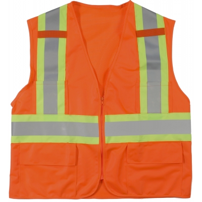 M16368-0-3, High Visibility Polyester ANSI Class 2 Surveyor Safety Vest with Pouch Pockets and 4 Lime/Silver/Lime Reflective Tape, Large, Orange, Mutual Industries