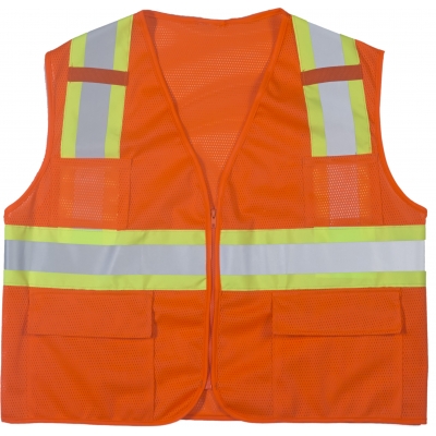 M16368-1-2, High Visibility Polyester ANSI Class 2 Surveyor Safety Vest with Pouch Pockets and 4 Lime/Silver/Lime Reflective Tape, Medium, Orange, Mutual Industries