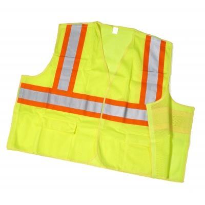 M16387-0-4, High Visibility Polyester ANSI Class 2 Solid Tearaway Safety Vest with Pockets and 4 Orange/Silver/Orange Reflective Tape, X-Large, Lime, Mutual Industries