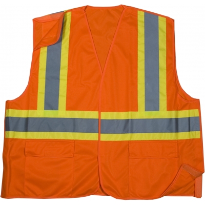 M16389-0-3, High Visibility Polyester ANSI Class 2 Solid Tearaway Safety Vest with Pockets and 4 Lime/Silver/Lime Reflective Tape, Large, Orange, Mutual Industries